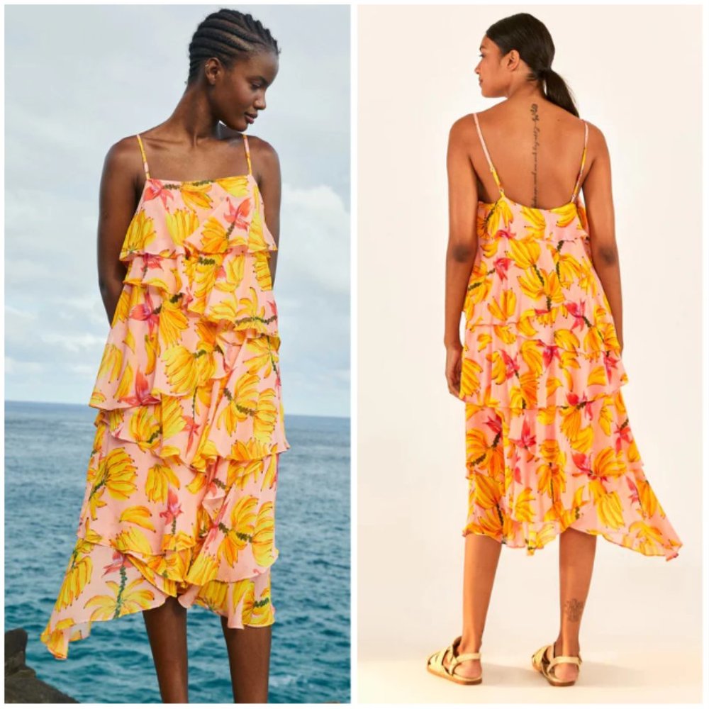 Farm Rio Banana Taste Irregular Midi Ruffle Dress